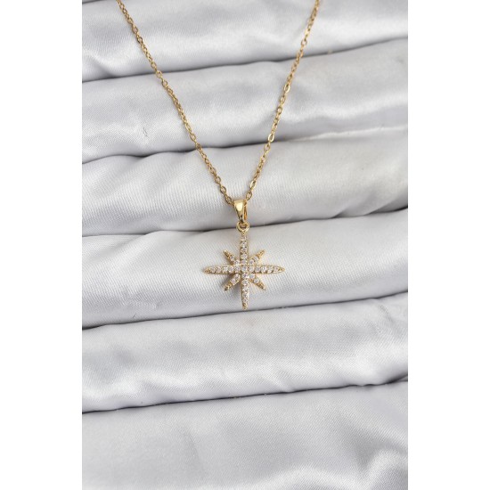 316L Çelik Zincir Gold Renk Kutup Yıldızı Model Zirkon Taşlı Kadın Kolye - TJ-BKO10839