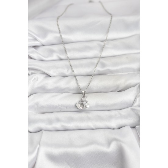 316L Çelik Zincir Gümüş Renk Deniz Kabuğu ve Deniz Yıldızı Model Zirkon Taşlı Kadın Kolye - TJ-BKO10840