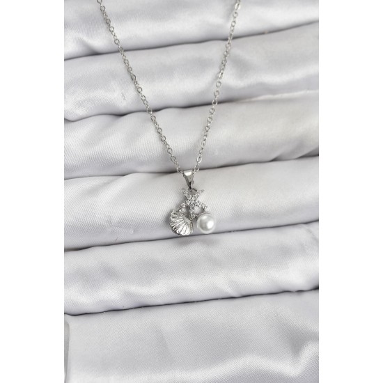 316L Çelik Zincir Gümüş Renk Deniz Kabuğu ve Deniz Yıldızı Model Zirkon Taşlı Kadın Kolye - TJ-BKO10840