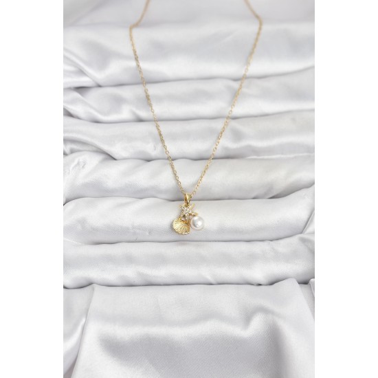 316L Çelik Zincir Gold Renk Deniz Kabuğu ve Deniz Yıldızı Model Zirkon Taşlı Kadın Kolye - TJ-BKO10841