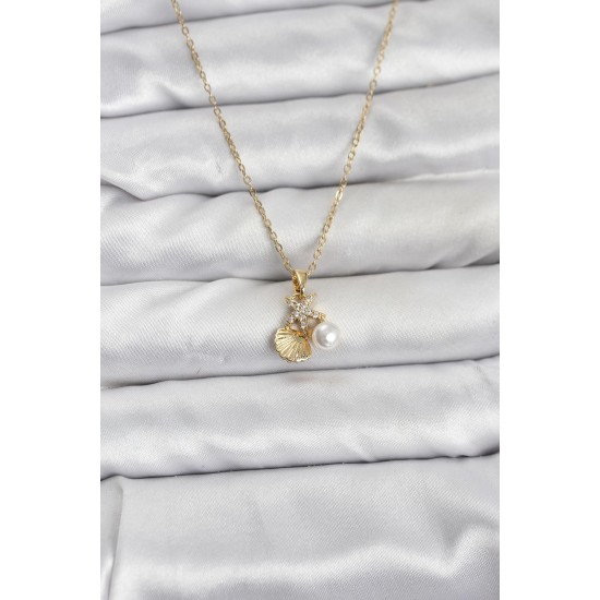316L Çelik Zincir Gold Renk Deniz Kabuğu ve Deniz Yıldızı Model Zirkon Taşlı Kadın Kolye - TJ-BKO10841