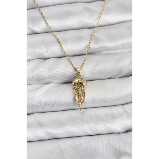 316L Çelik Zincir Gold Renk Deniz Anası Model Zirkon Taşlı Kadın Kolye - TJ-BKO10842