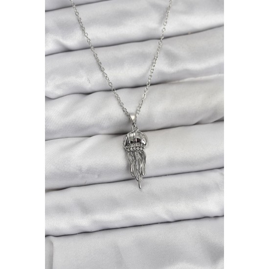 316L Çelik Zincir Gümüş Renk Deniz Anası Model Zirkon Taşlı Kadın Kolye - TJ-BKO10843