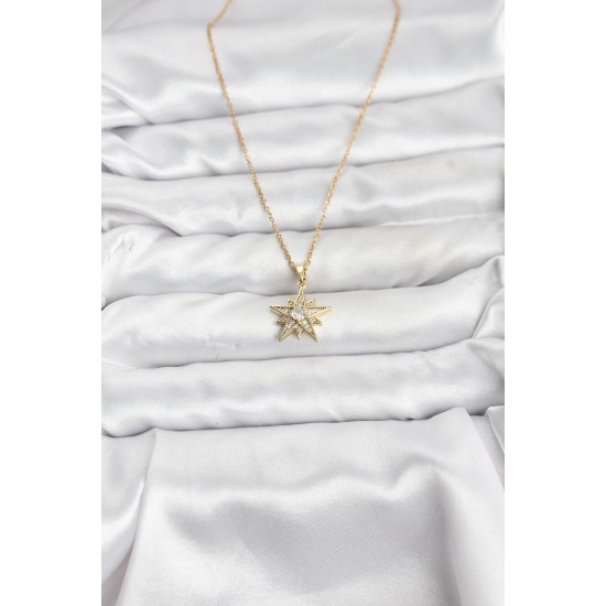 316L Çelik Zincir Gold Renk Yıldız Model Zirkon Taşlı Kadın Kolye - TJ-BKO10844