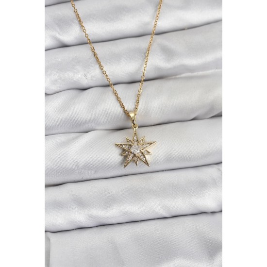 316L Çelik Zincir Gold Renk Yıldız Model Zirkon Taşlı Kadın Kolye - TJ-BKO10844