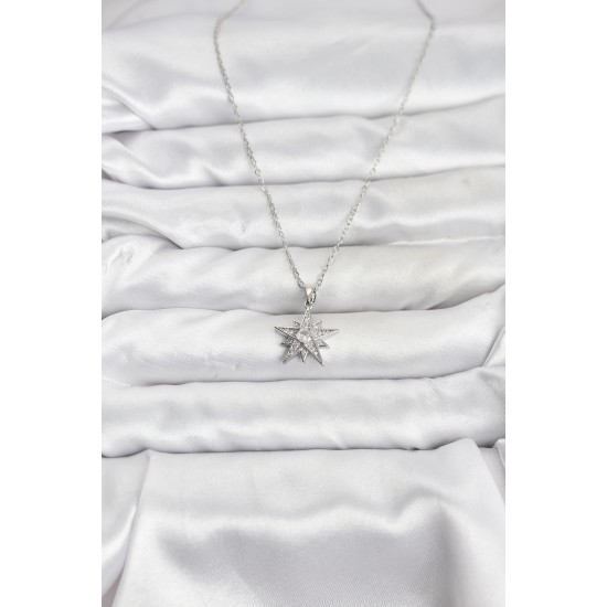 316L Çelik Zincir Gümüş Renk Yıldız Model Zirkon Taşlı Kadın Kolye - TJ-BKO10845
