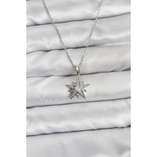 316L Çelik Zincir Gümüş Renk Yıldız Model Zirkon Taşlı Kadın Kolye - TJ-BKO10845