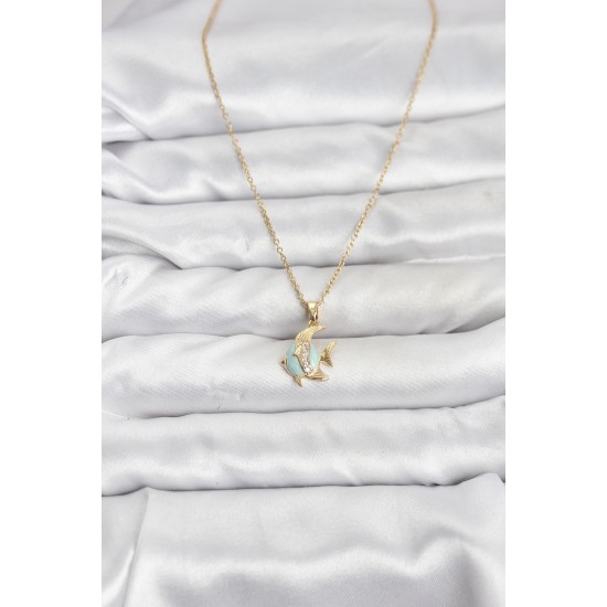 316L Çelik Zincir Gold Renk Balık Model Zirkon Taşlı Kadın Kolye - TJ-BKO10846