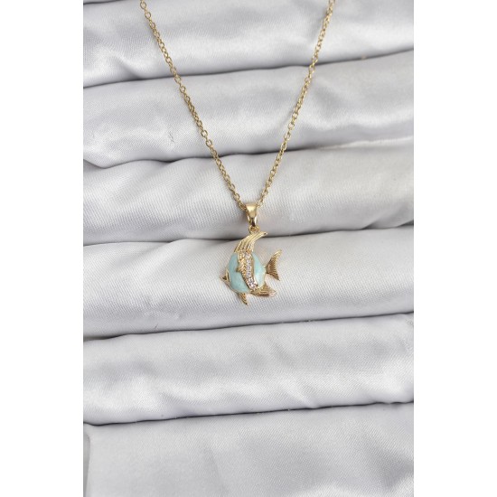 316L Çelik Zincir Gold Renk Balık Model Zirkon Taşlı Kadın Kolye - TJ-BKO10846