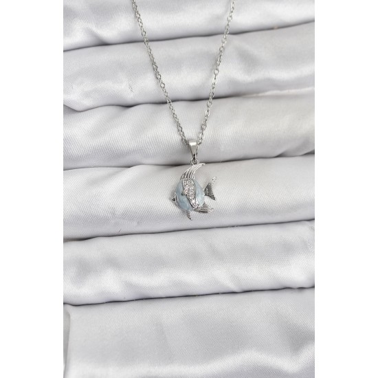 316L Çelik Zincir Gümüş Renk Balık Model Zirkon Taşlı Kadın Kolye - TJ-BKO10847