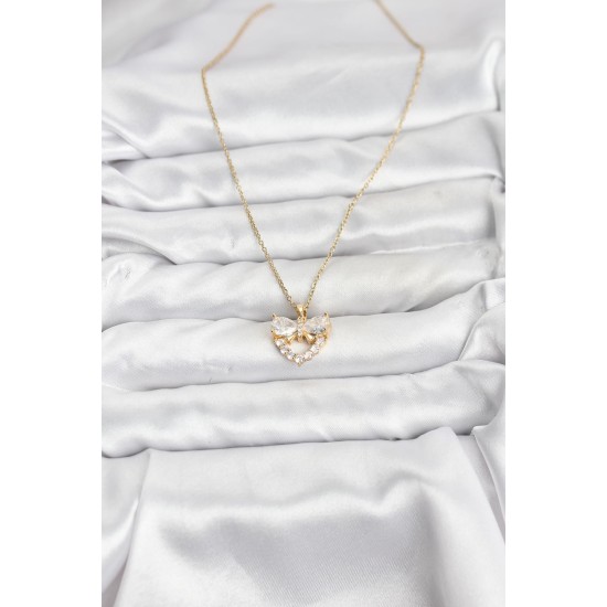 316L Çelik Zincir Gold Renk Kalp ve Fiyonk Model Zirkon Taşlı Kadın Kolye - TJ-BKO10848