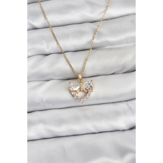 316L Çelik Zincir Gold Renk Kalp ve Fiyonk Model Zirkon Taşlı Kadın Kolye - TJ-BKO10848
