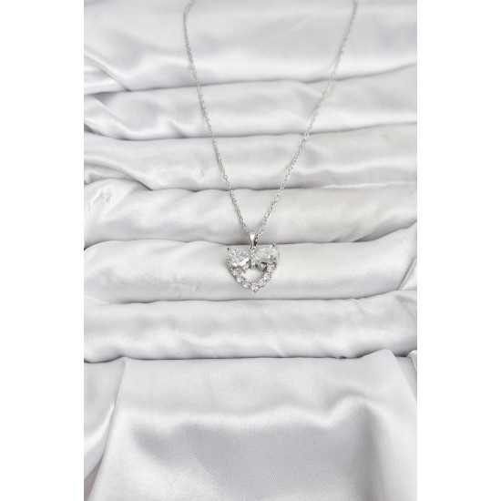 316L Çelik Zincir Gümüş Renk Kalp ve Fiyonk Model Zirkon Taşlı Kadın Kolye - TJ-BKO10849