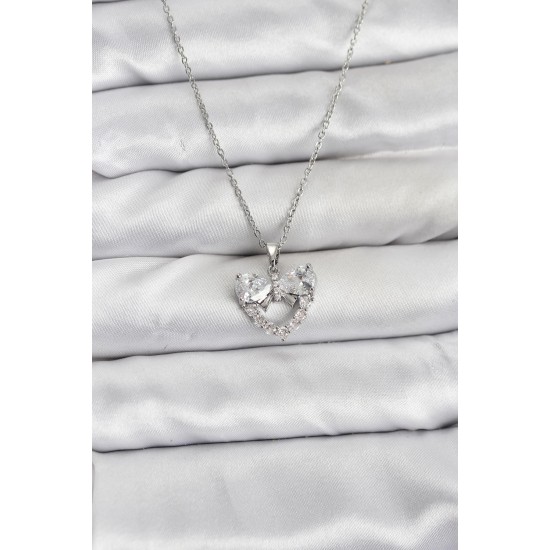 316L Çelik Zincir Gümüş Renk Kalp ve Fiyonk Model Zirkon Taşlı Kadın Kolye - TJ-BKO10849