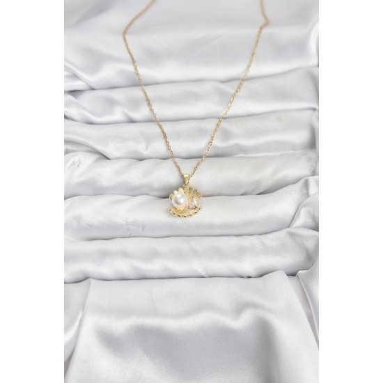 316L Çelik Zincir Gold Renk İstiridye İnci Model Zirkon Taşlı Kadın Kolye - TJ-BKO10850