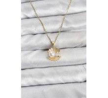 316L Çelik Zincir Gold Renk İstiridye İnci Model Zirkon Taşlı Kadın Kolye - TJ-BKO10850
