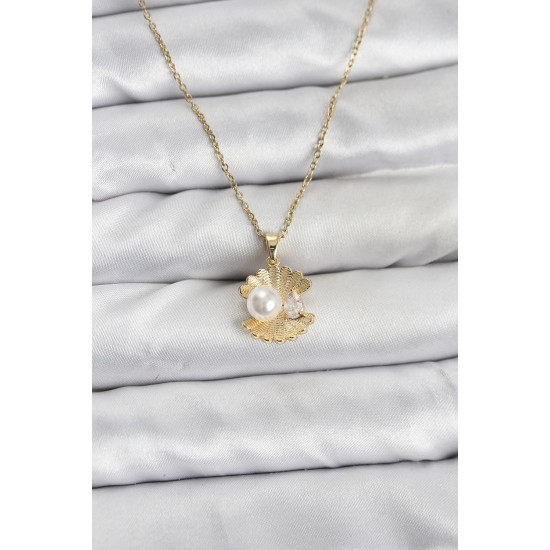 316L Çelik Zincir Gold Renk İstiridye İnci Model Zirkon Taşlı Kadın Kolye - TJ-BKO10850