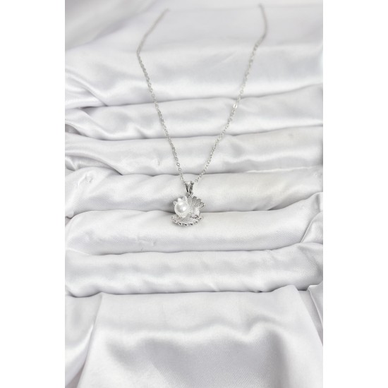 316L Çelik Zincir Gümüş Renk İstiridye İnci Model Zirkon Taşlı Kadın Kolye - TJ-BKO10851