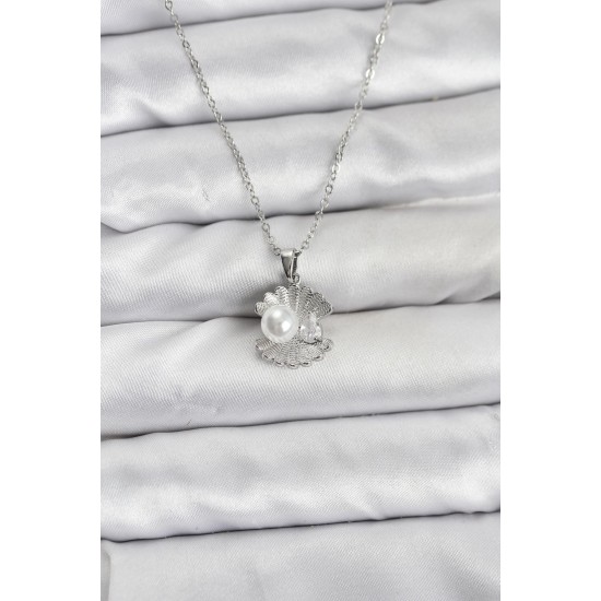 316L Çelik Zincir Gümüş Renk İstiridye İnci Model Zirkon Taşlı Kadın Kolye - TJ-BKO10851