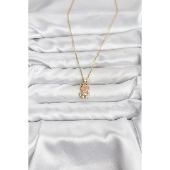 316L Çelik Zincir Gold Renk Teddy Bear Model Zirkon Taşlı Kadın Kolye - TJ-BKO10852