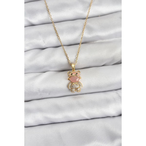 316L Çelik Zincir Gold Renk Teddy Bear Model Zirkon Taşlı Kadın Kolye - TJ-BKO10852