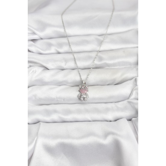 316L Çelik Zincir Gümüş Renk Teddy Bear Model Zirkon Taşlı Kadın Kolye - TJ-BKO10853