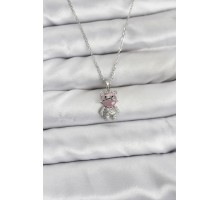 316L Çelik Zincir Gümüş Renk Teddy Bear Model Zirkon Taşlı Kadın Kolye - TJ-BKO10853