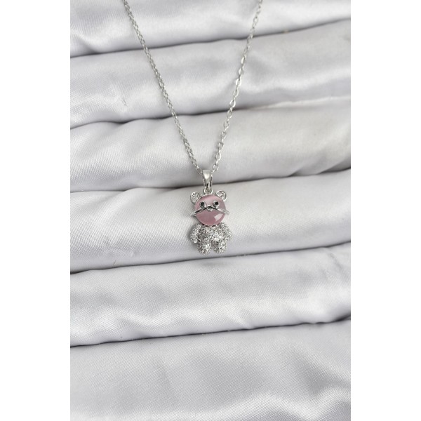 316L Çelik Zincir Gümüş Renk Teddy Bear Model Zirkon Taşlı Kadın Kolye - TJ-BKO10853