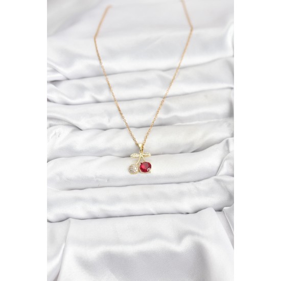 316L Çelik Zincir Gold Renk Kiraz Model Zirkon Taşlı Kadın Kolye - TJ-BKO10854