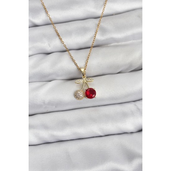 316L Çelik Zincir Gold Renk Kiraz Model Zirkon Taşlı Kadın Kolye - TJ-BKO10854