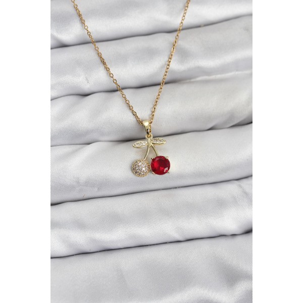 316L Çelik Zincir Gold Renk Kiraz Model Zirkon Taşlı Kadın Kolye - TJ-BKO10854