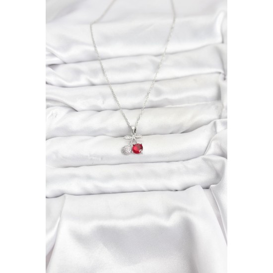 316L Çelik Zincir Gümüş Renk Kiraz Model Zirkon Taşlı Kadın Kolye - TJ-BKO10855