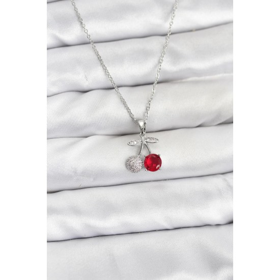 316L Çelik Zincir Gümüş Renk Kiraz Model Zirkon Taşlı Kadın Kolye - TJ-BKO10855