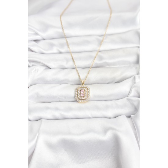 316L Çelik Zincir Gold Renk Plaka Model Zirkon Taşlı Kadın Kolye - TJ-BKO10858