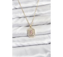 316L Çelik Zincir Gold Renk Plaka Model Zirkon Taşlı Kadın Kolye - TJ-BKO10858