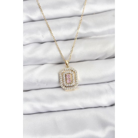 316L Çelik Zincir Gold Renk Plaka Model Zirkon Taşlı Kadın Kolye - TJ-BKO10858