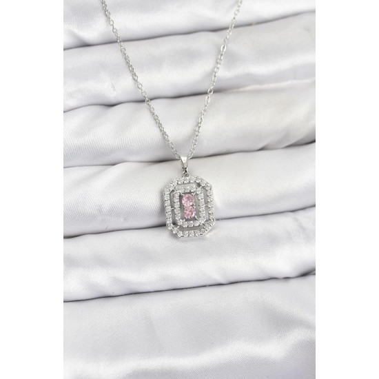 316L Çelik Zincir Gümüş Renk Plaka Model Zirkon Taşlı Kadın Kolye - TJ-BKO10859