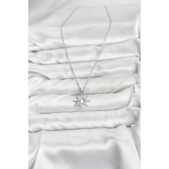 316L Çelik Zincir Gümüş Renk Kutup Yıldızı Model Zirkon Taşlı Kadın Kolye - TJ-BKO10860