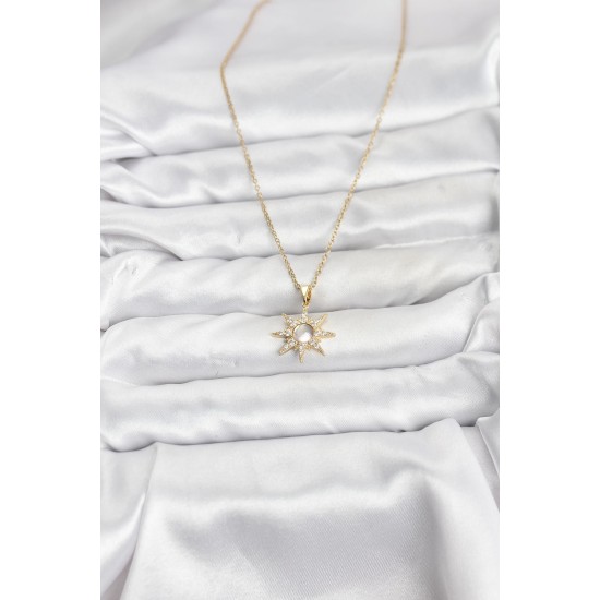 316L Çelik Zincir Gold Renk Kutup Yıldızı Model Zirkon Taşlı Kadın Kolye - TJ-BKO10861