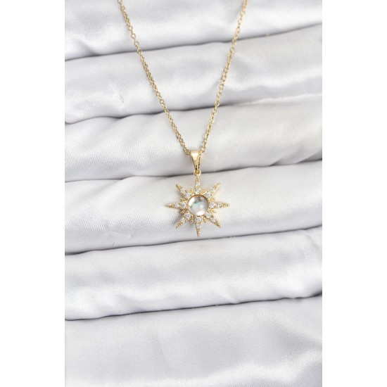 316L Çelik Zincir Gold Renk Kutup Yıldızı Model Zirkon Taşlı Kadın Kolye - TJ-BKO10861