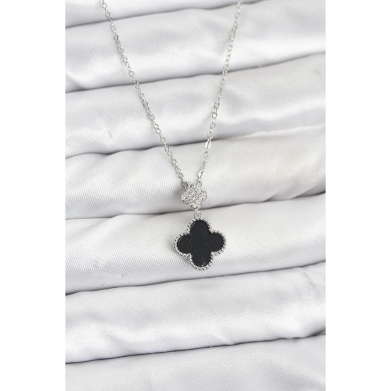 316L Çelik Zincir Gümüş Renk Yonca Model Zirkon Taşlı Kadın Kolye - TJ-BKO10862