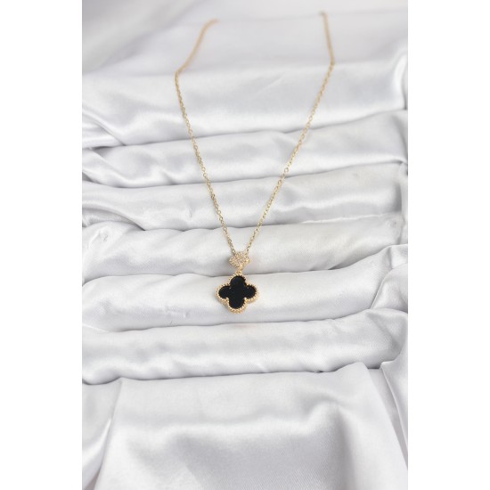 316L Çelik Zincir Gold Renk Yonca Model Zirkon Taşlı Kadın Kolye - TJ-BKO10863