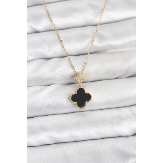 316L Çelik Zincir Gold Renk Yonca Model Zirkon Taşlı Kadın Kolye - TJ-BKO10863