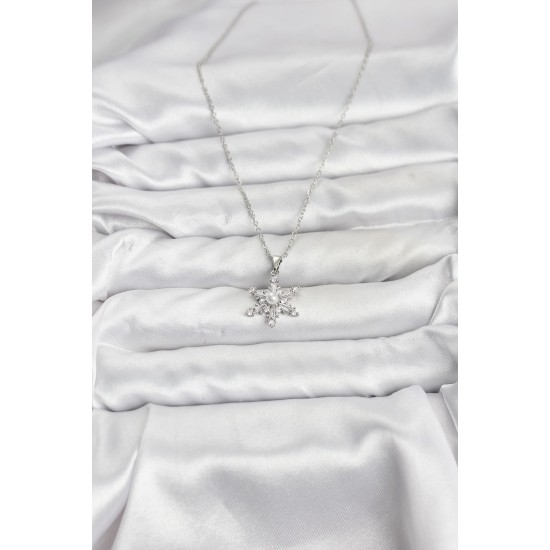 316L Çelik Zincir Gümüş Renk Kar Tanesi Model Zirkon Taşlı Kadın Kolye - TJ-BKO10864