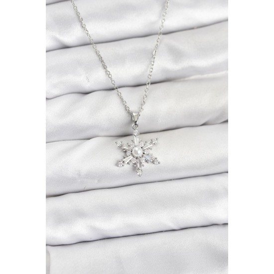 316L Çelik Zincir Gümüş Renk Kar Tanesi Model Zirkon Taşlı Kadın Kolye - TJ-BKO10864