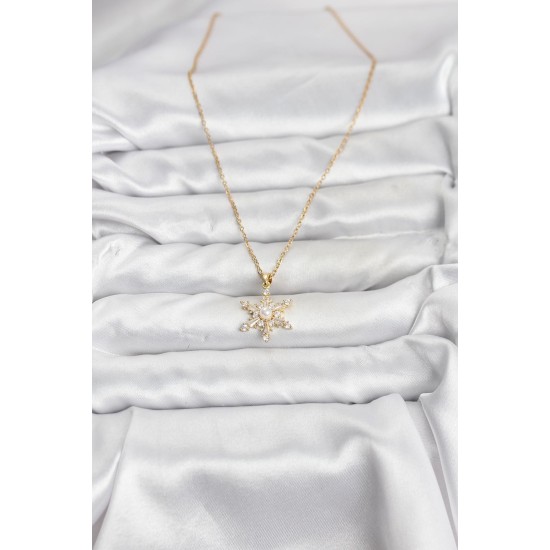 316L Çelik Zincir Gold Renk Kar Tanesi Model Zirkon Taşlı Kadın Kolye - TJ-BKO10865