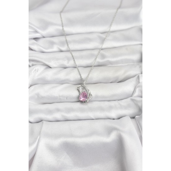 316L Çelik Zincir Gümüş Renk Pembe Kuğu Model Zirkon Taşlı Kadın Kolye - TJ-BKO10866