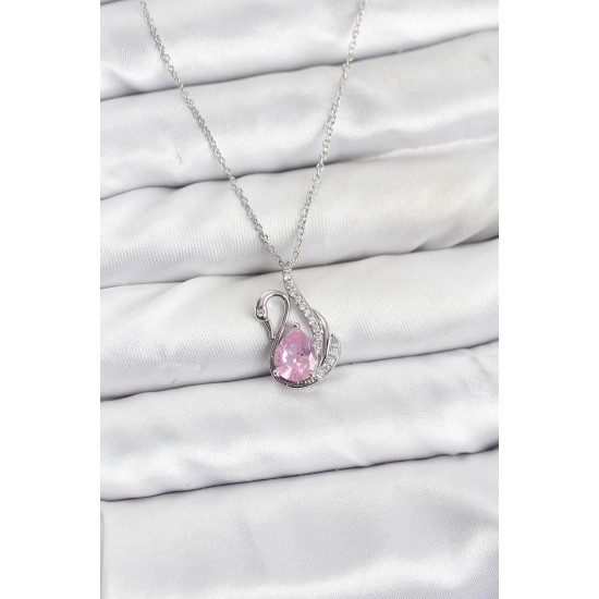 316L Çelik Zincir Gümüş Renk Pembe Kuğu Model Zirkon Taşlı Kadın Kolye - TJ-BKO10866