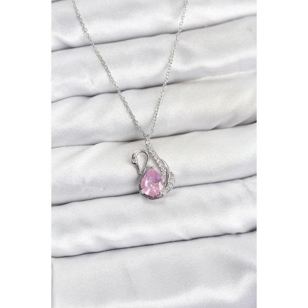 316L Çelik Zincir Gümüş Renk Pembe Kuğu Model Zirkon Taşlı Kadın Kolye - TJ-BKO10866
