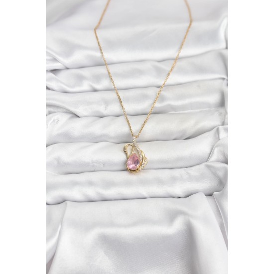 316L Çelik Zincir Gold Renk Pembe Kuğu Model Zirkon Taşlı Kadın Kolye - TJ-BKO10867